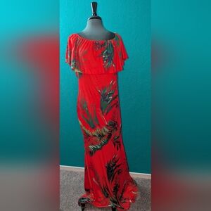 Tropical Red Off-Shoulder Maxi Dress